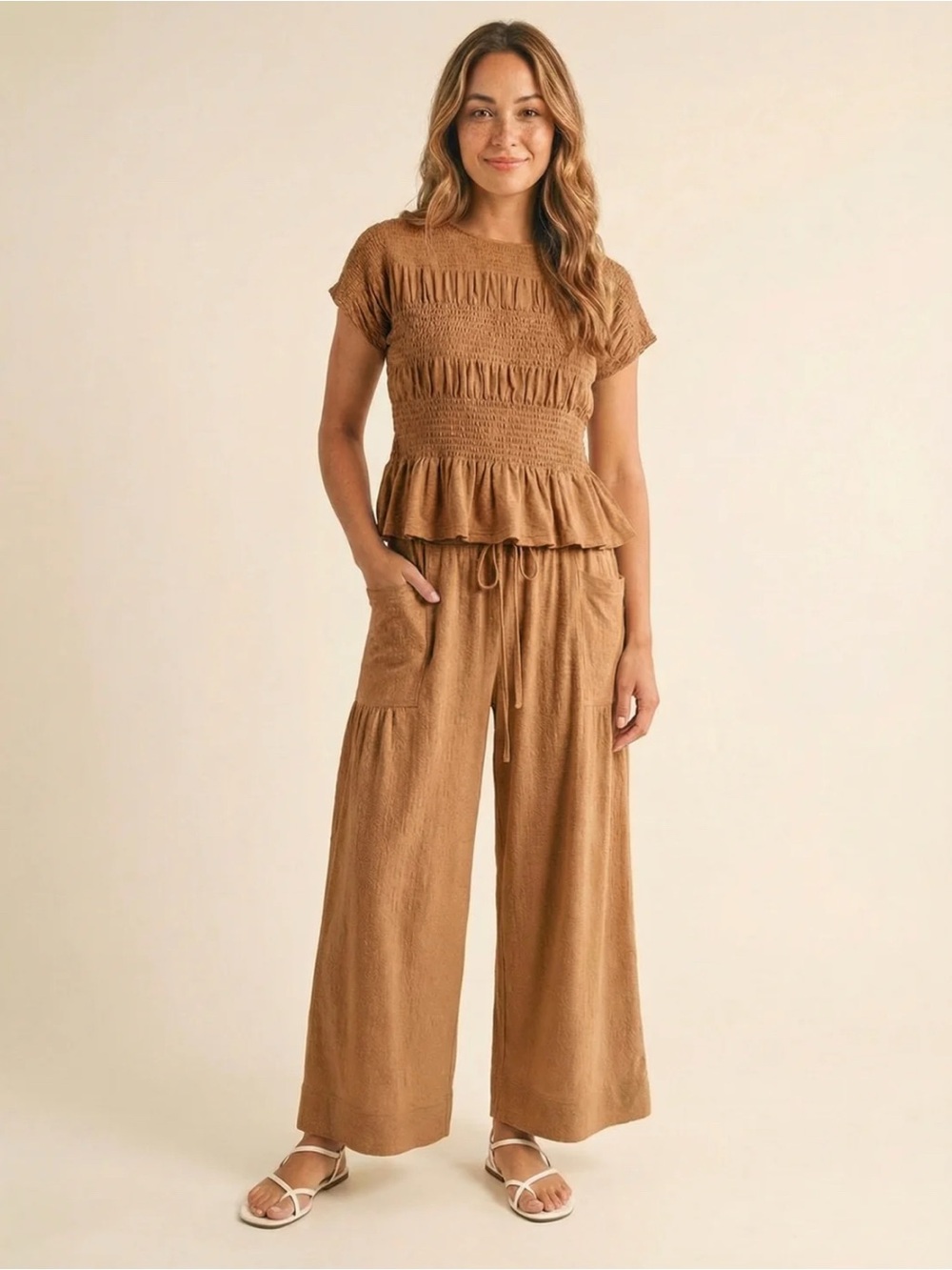 Smocked Tiered Short-Sleeve Top & Wide-Leg Pants Set - Brown